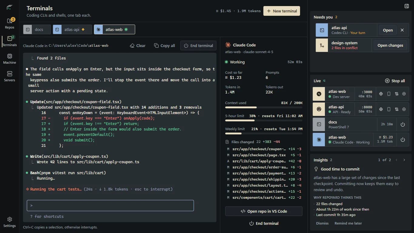 Claude Code fixing a checkout form in atlas-web, with terminal tabs, session cost, token and context estimates, and the shared Needs you, Live and Insights sidebar.