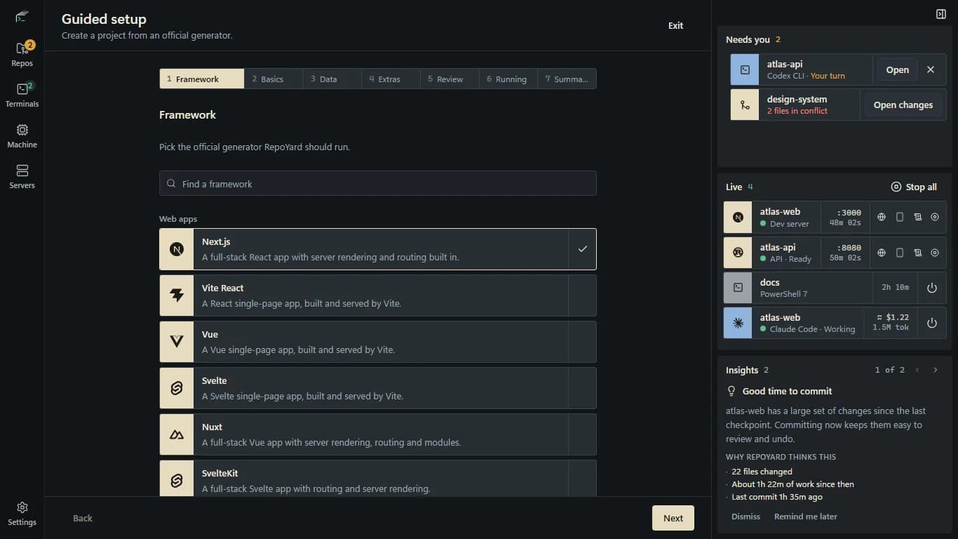 Guided setup, step 1 of 7: choosing Next.js from a list of frameworks.