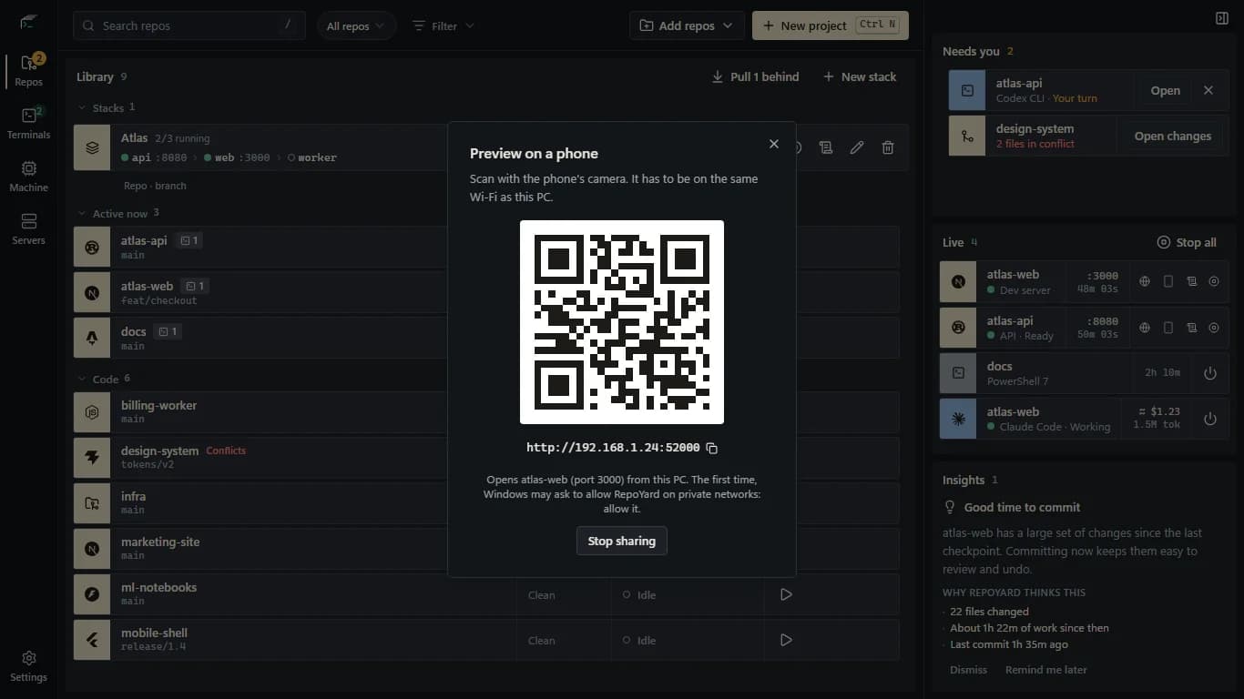 Preview on a phone dialog with a QR code for http://192.168.1.24:52000, which opens atlas-web's dev server from port 3000.